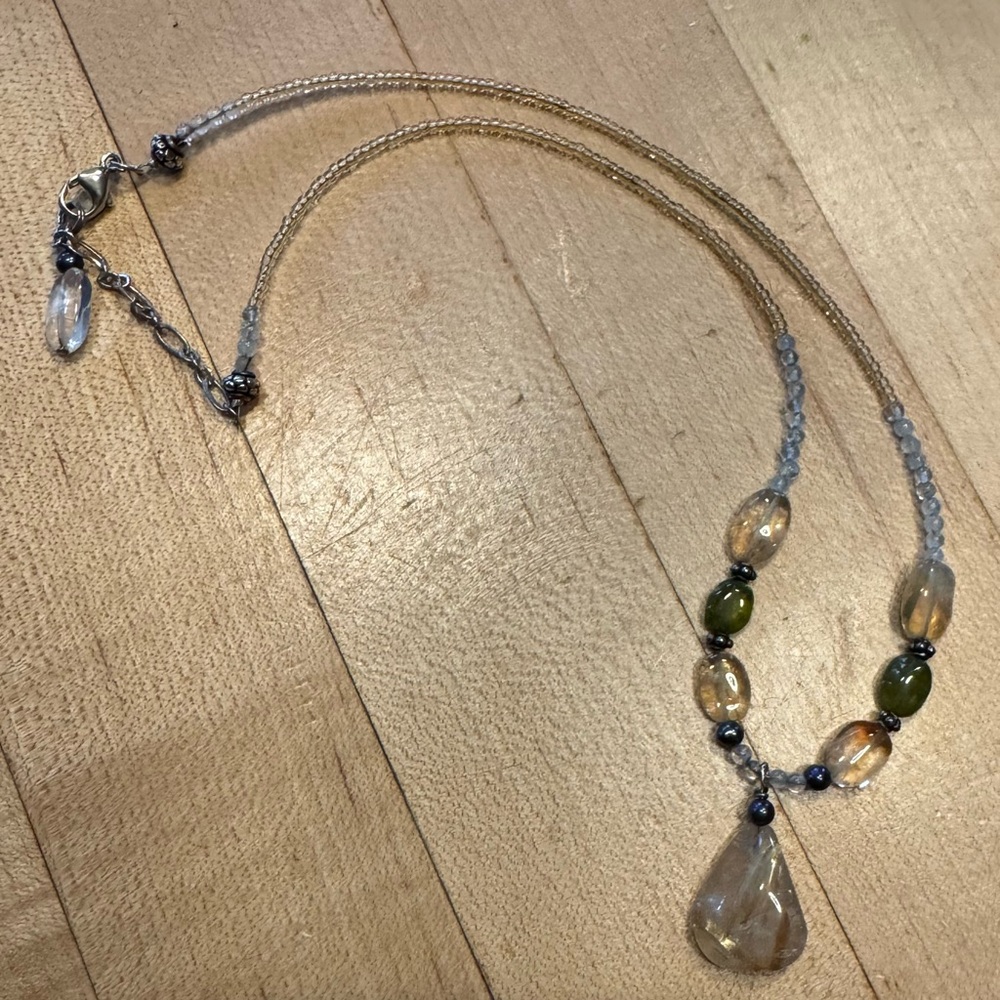 Elegant Stone, Seed Bead and Silver Necklace with Teardrop Stone Pendant